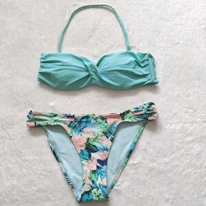 Forever 21 Small Aqua Blue Bandeau Floral Swimsuit Bikini Cheeky Swimwear‎ Set